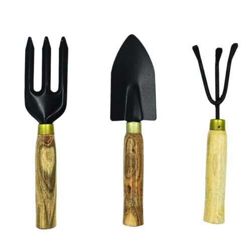 A set of three outdoor gardening tool set. From left to right: a small cultivator, a medium trowel, and a small trowel. All tools have wooden handles.