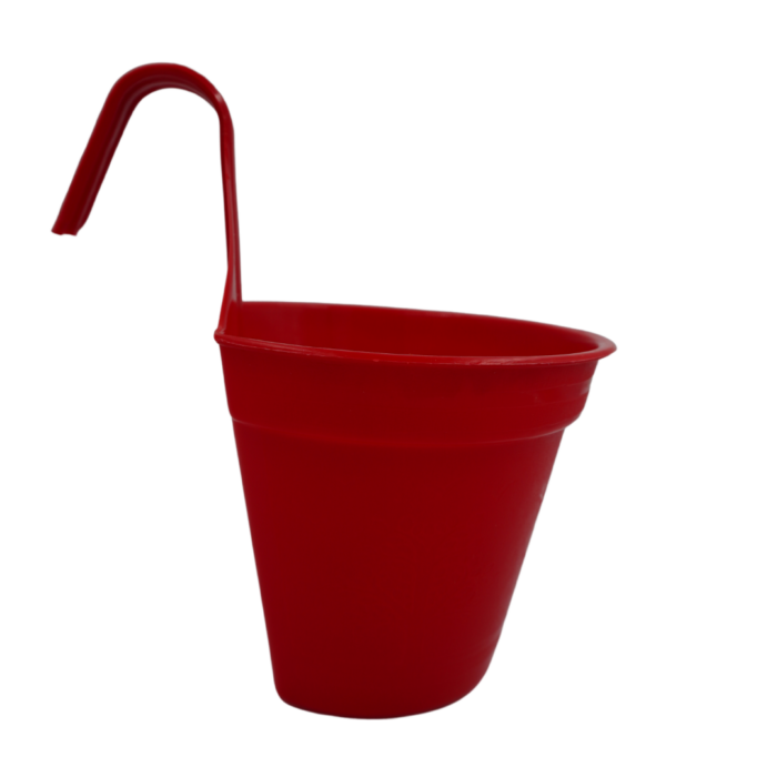 A red plastic railing hook flower pot.