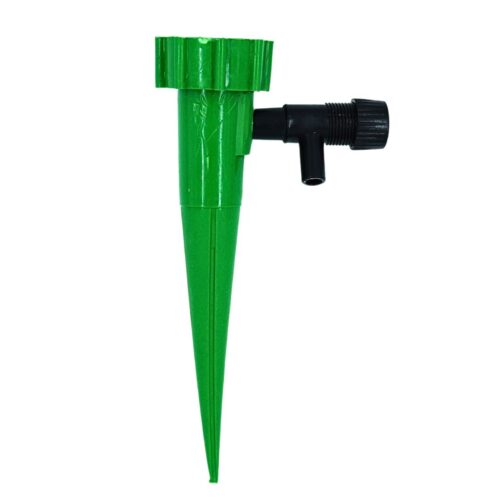 A green plastic self-watering spikes for plants with a black connector. The spike has a pointed end for easy insertion into the soil and a reservoir to hold water. The connector allows it to be attached to a water source for automatic watering.