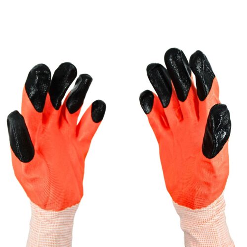 A pair of orange gardening gloves with black rubberized fingertips and palms.